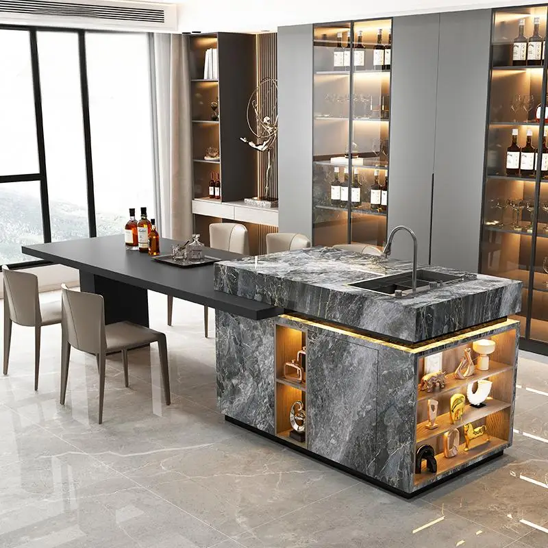 

Luxury Kitchen Island w/ Sink - Custom Luxury Stone Countertop & Waterfall Edge, Ready-to-Install Dining Set for Spacious Home