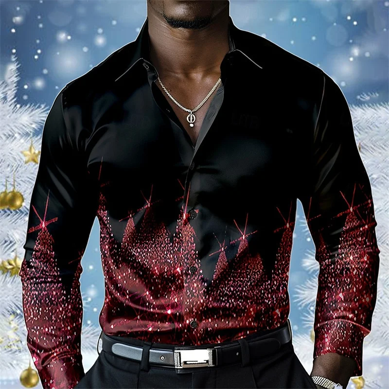 Men Casual Long Sleeve Shirt Bright Red Sparkling‑winter Design Turn‑down Collar Button‑down Festival Night‑out Top