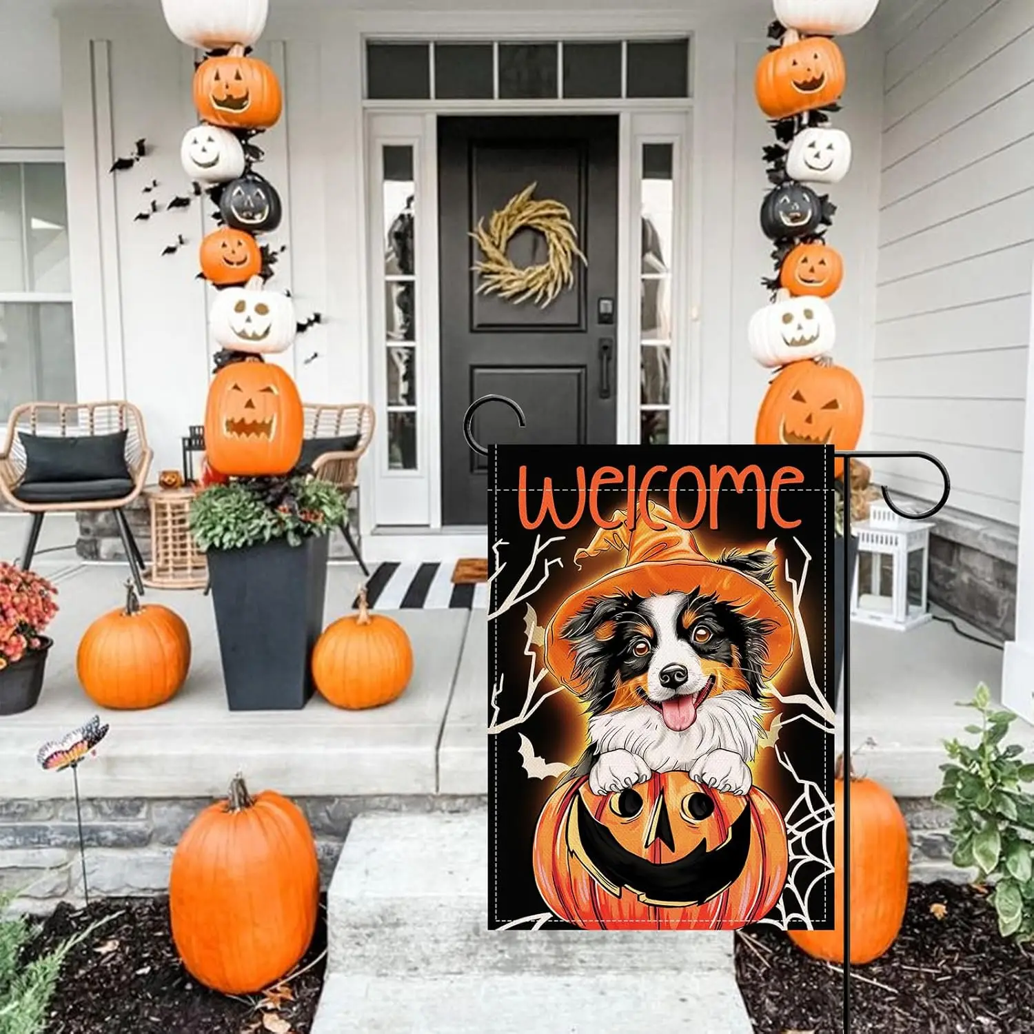 Artofy Welcome Halloween Australian Shepherd Dog Small Decorative Garden Flag, Jack O Lantern Pumpkin Yard Outside Decor Pet UUN