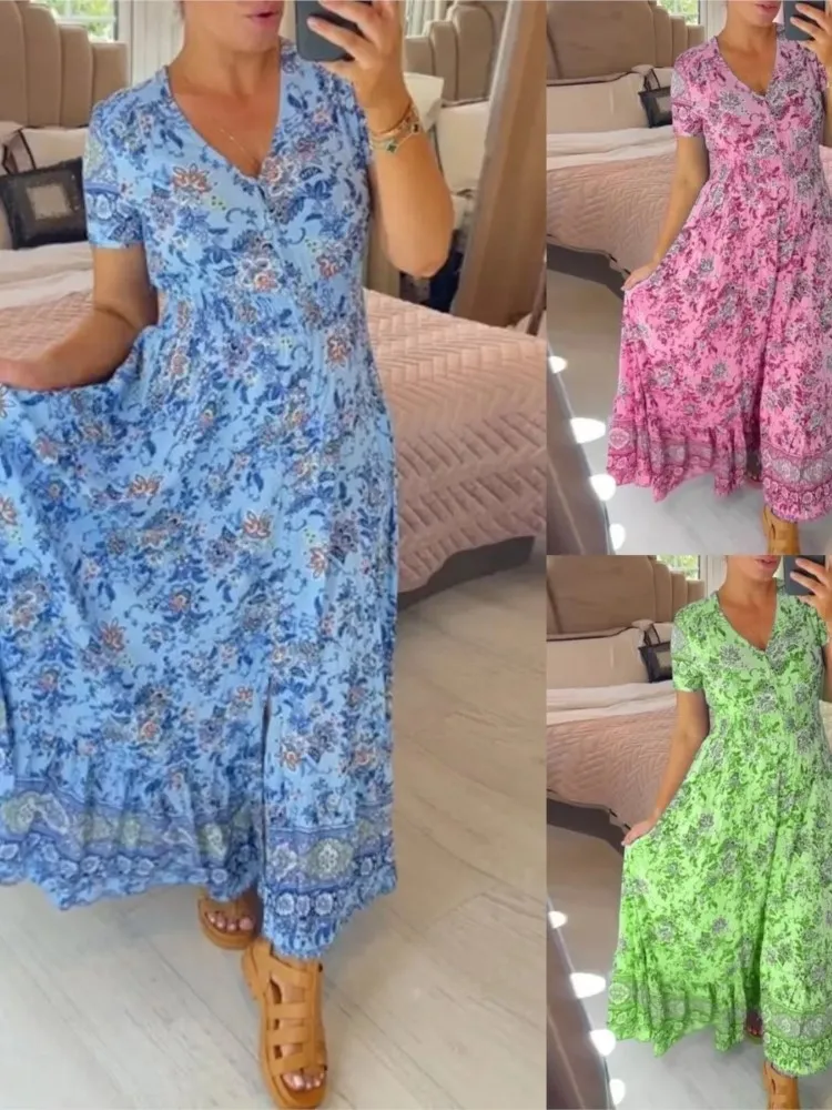 Casual Boho Bloemenprint Lange Jurk Voor Vrouwen Korte Mouw V-Hals Maxi Jurken 2024 Zomervakantie Strandjurk Dames