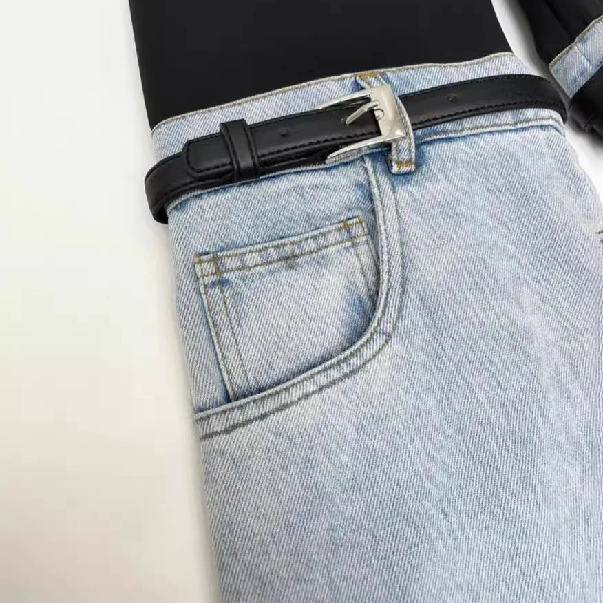 Denim Spliced Pant Jeans Women Long Pants High Waist Straight Trousers Y2k Streetwear Pockets Patchwork Elegant Ladies