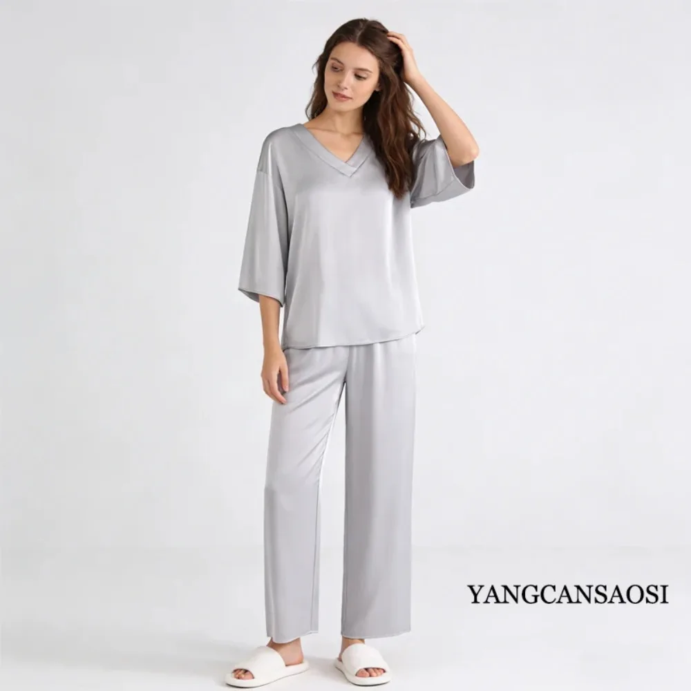 20MM 100% Natural Mulberry Silk Satin Pajama Set, Women's Casual Solid Color V-neck Three-quarter Sleeve Home Suit, 2026 New