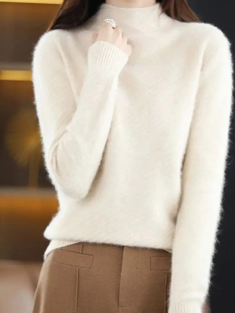 

2024 New Women 100% Mink Cashmere Sweater Mock Neck Autumn Winter Base Pullover Female Soft Warm Temperament Fashion Tops