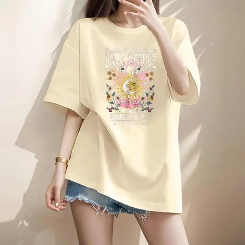 Women Clothing Fashion Hand-Painted Print Y2k T-shirt Summer Pure Cotton O-neck Short Sleeve Basic Top Tee Casual Loose Pullover