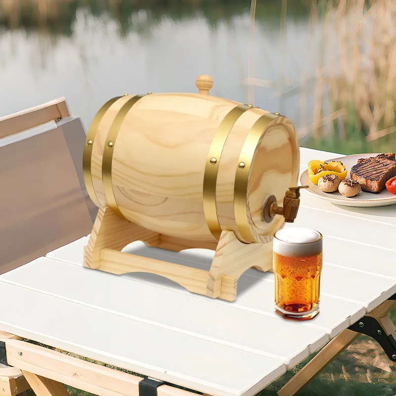 5L Wood Wine Barrel with Faucet Beer Brandy Barrel Decor Oval Whiskey Dispenser Bucket for Home Catering Bar