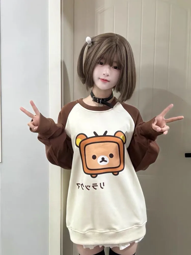 Sudaderas con cuello redondo y estampado de oso bonito japonés para Mujer, camisetas nuevas para Mujer Y2k Grunge, Jersey holgado de manga larga 2024