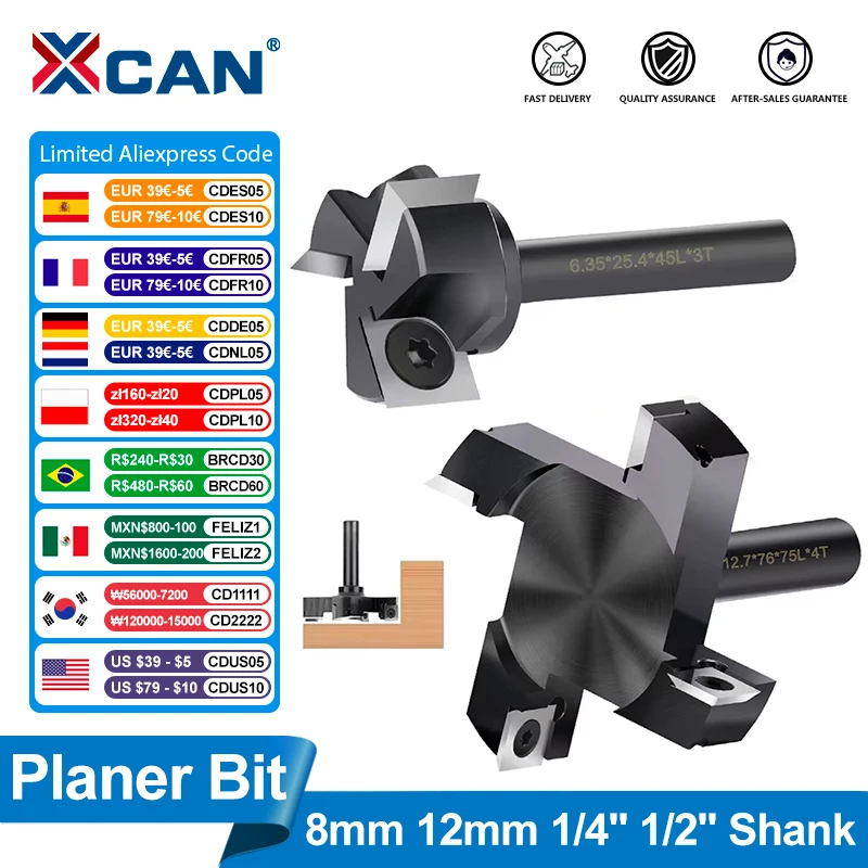 XCAN Milling Cutter CNC Spoilboard Surfacing Route Bit Carbide Insert Slab Flattening Wood Planer Bit 8mm 12mm 1/4'' 1/2'' Shank