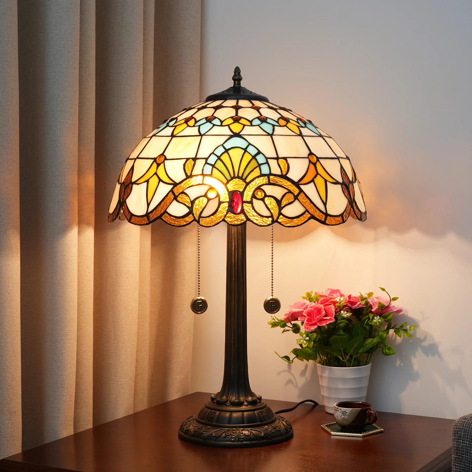 Antike Viktorianische Schreibtischlampe für Schlafzimmer Wohnzimmer Heimbüro Buntglas Tischlampe Nachttischlampe Leselampe 2-Lichter