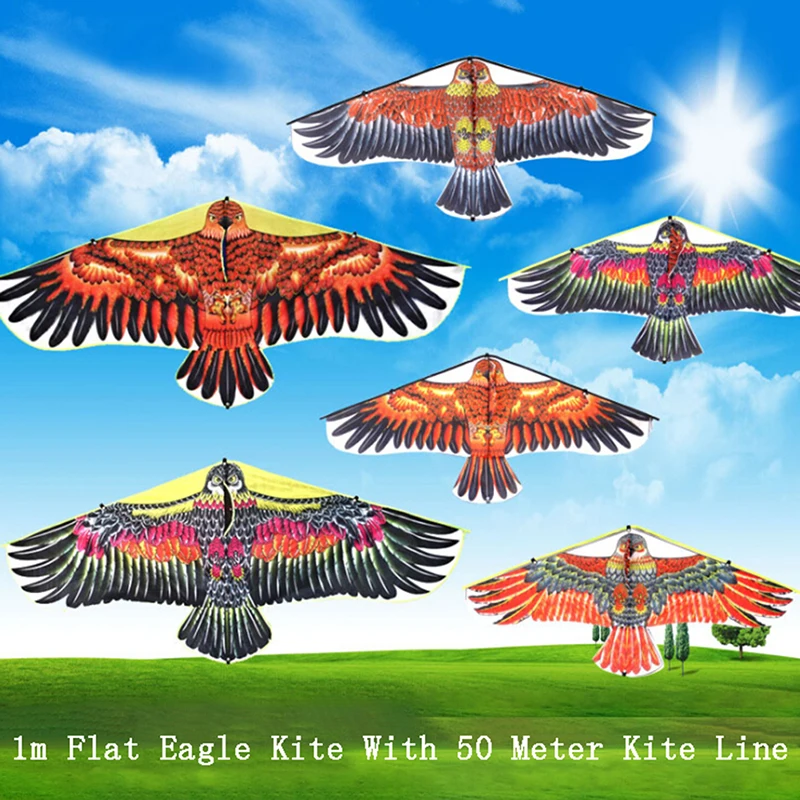 1M Platte Eagle Kite Met 30 Meter Kite Lijn Kinderen Vliegende Vogel Vliegers Windzak Outdoor Speelgoed Voor Kinderen Gift tuin Doek Speelgoed