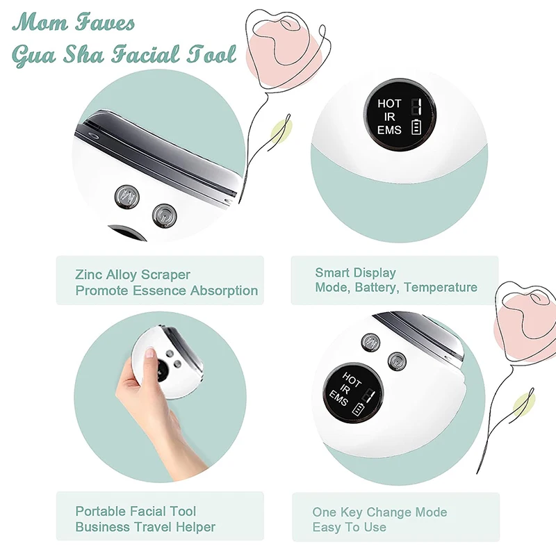 Warm Gua Sha Massage Beauty Device with EMS Microcurrent Vibration LED Light Therapy and 9 Modes for Face Skin Tightening