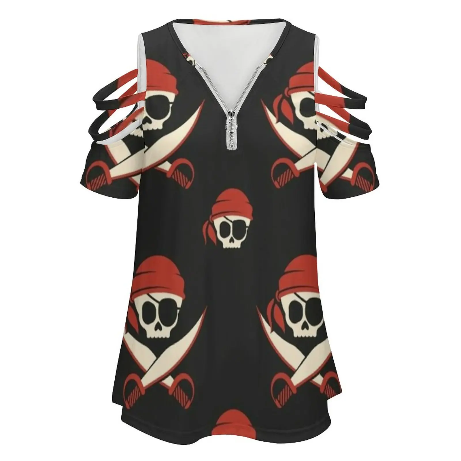 Pirates Women'S T-Shirt Summer Fashion Print Floral V-Neck Zipper Tshirt Hollow Pullover Ladies Top Pirate Pirates Pattern