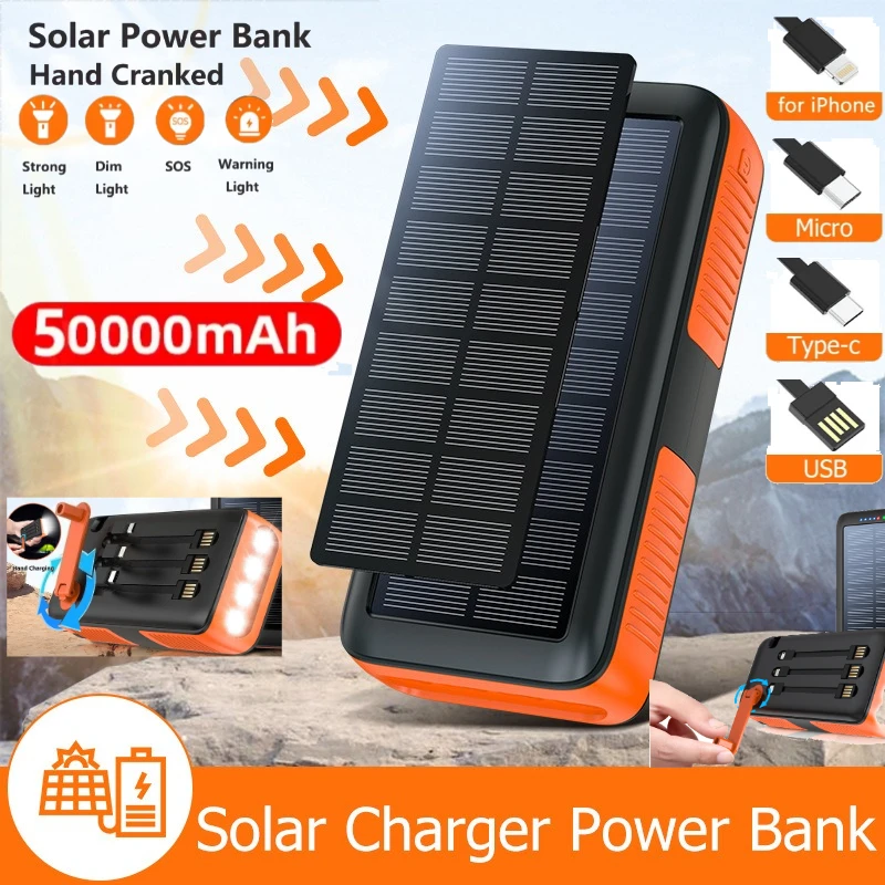 

Ручная рукоятка, солнечная батарея, 50000 мАч, водонепроницаемое портативное внешнее зарядное устройство, внешний аккумулятор для IPhone 16, Huawei, Xiaomi, Samsung