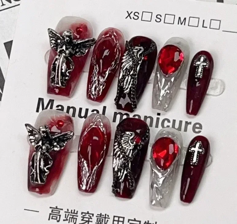 Handgemaakte Y 2K Pers Op Nagels Gothic Stijl Zwarte En Rode Halloween Nep Nagels Met Design Full Cover Lange Doodskist Acryl Nagel Tips