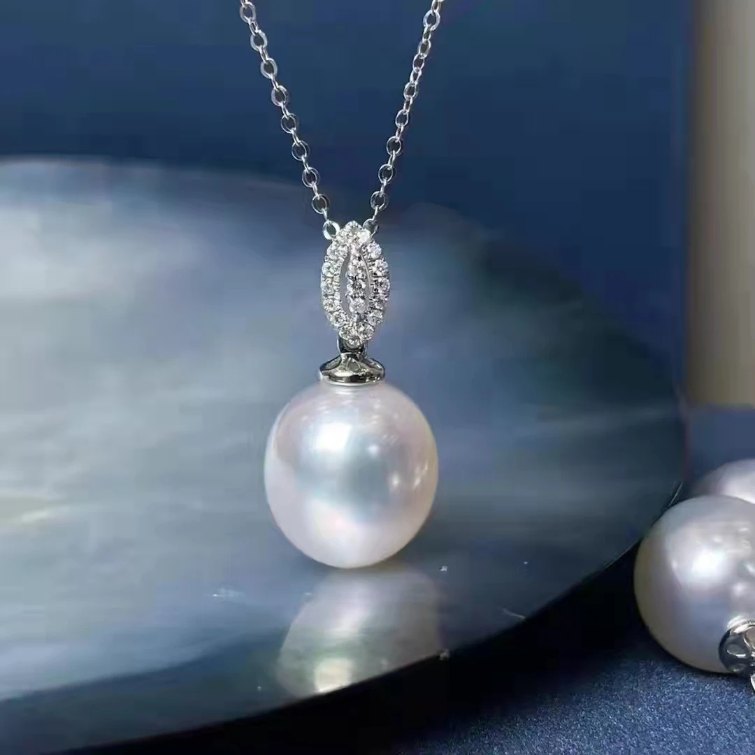 

SGARIT Fine Gold Pendant Jewelry 18k White Gold Diamond Pearl Necklace 10-11mm Australian Natural White Pearl Jewellery