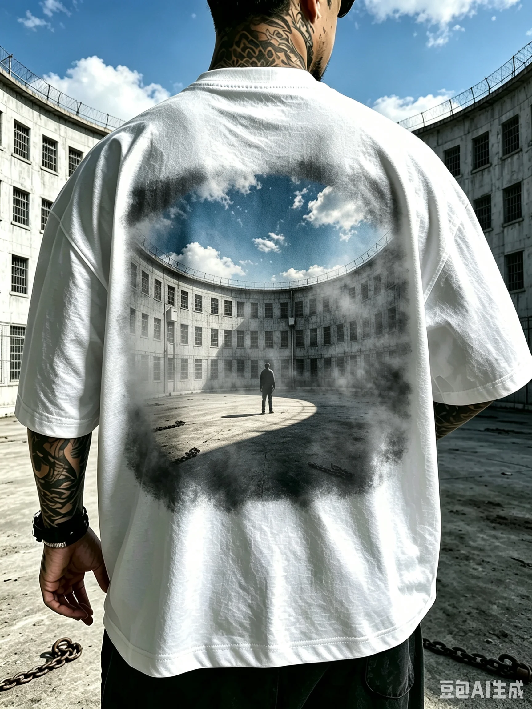 Men Women Unisex Oversized T-Shirt, Circular Panopticon Prison Lonely Man Back Print Tee, Dark Aesthetic Freedom Theme Vintage Streetwear Casual Short Sleeve