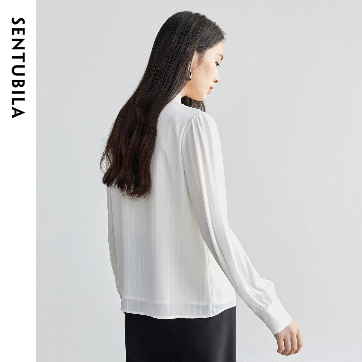 SENTUBILA White Women Shirt Spring 2025 Chiffon Lace-up Straight Office Lady Solid Folds Long Sleeve Simple Blouses 151V57849