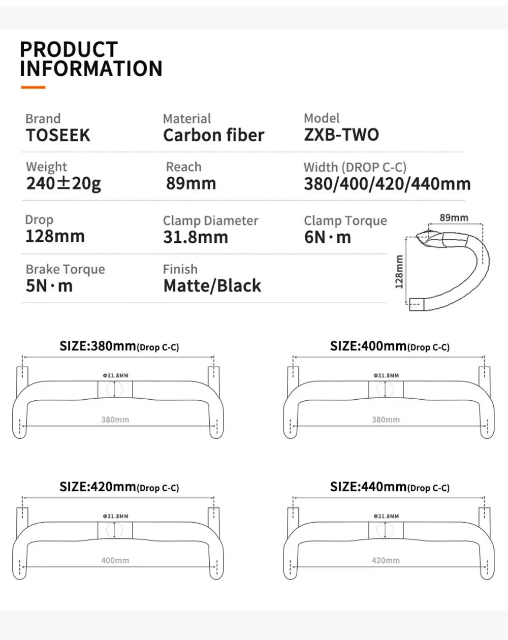 TOSEEK ZXB-TWO Vollcarbon-Lenker 31,8mm Rennrad-Bogenlenker 380/400/420/440mm mit externer Kabelführung – Detail 6