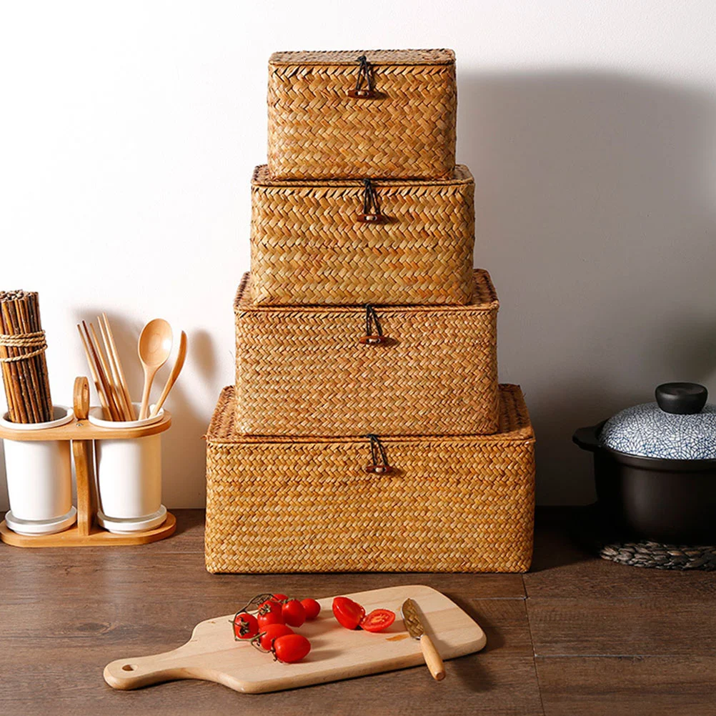 

Woven Basket Lid Seagrass Storage Baskets Rectangular Rattan Box Stackable Storage Boxes Makeup Organizer Container