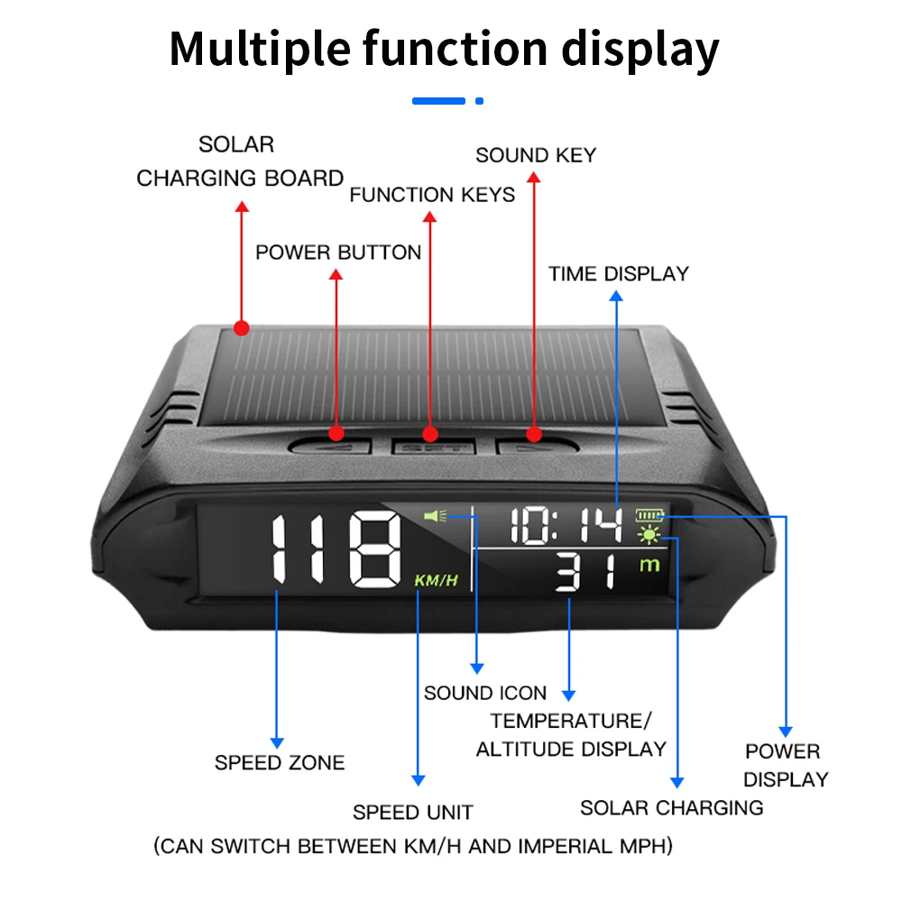 Solar Digital Car HUD GPS Head Up Display Auto Speedometer Over-Speed Fatigued Driving Reminder Car Clock Temperature Show