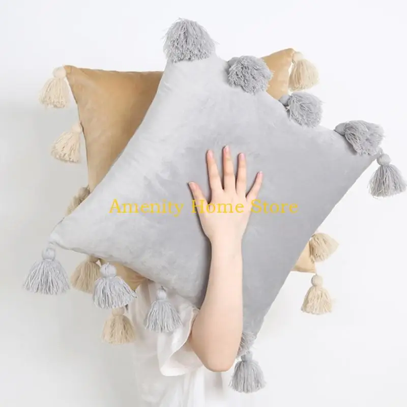 F26C -Samt werfen Kissenschlupf mit Quasten -Kissenkissen für Heim- und Fahrzeug -Innenräume