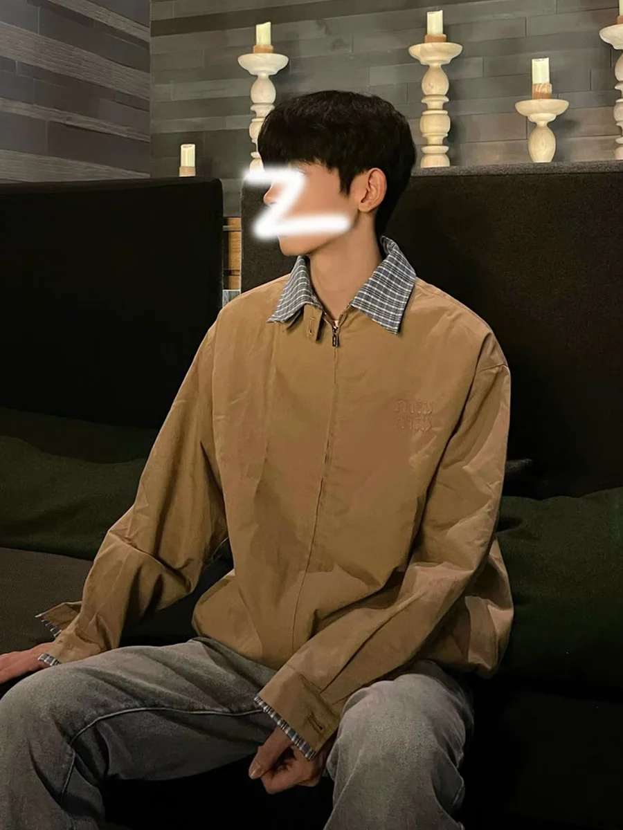 

Khaki irt Collar Jaet Men's Autumn Zipper Baseball Sle American Retro Flight Jaet Trendy Outerwear Loose Fit