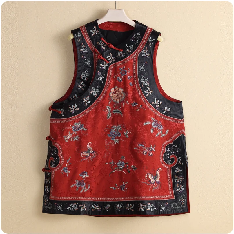 بلوفر نحيف على الطراز الصيني، بلوزة بدون ياقة مطرزة على الطراز العرقي، فتحة مائلة، سترة بدون أكمام، سترة على الطراز الصيني