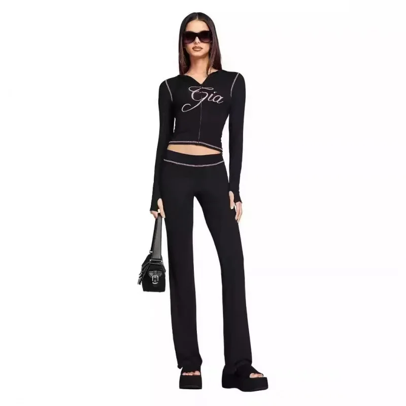 

Iamgia front shoulder slim fit letter printed blue open thread design slim fit hooded zipper short jacket pants set
