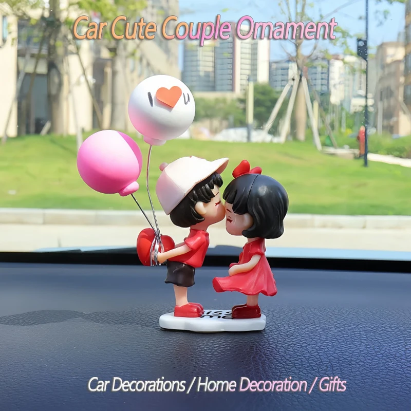 

2Pcs Car Interior Cute Couples Kiss Ornaments Cartoon Couples with Balloon Gifts Model For Auto Dashboard Home Decoration Gifts