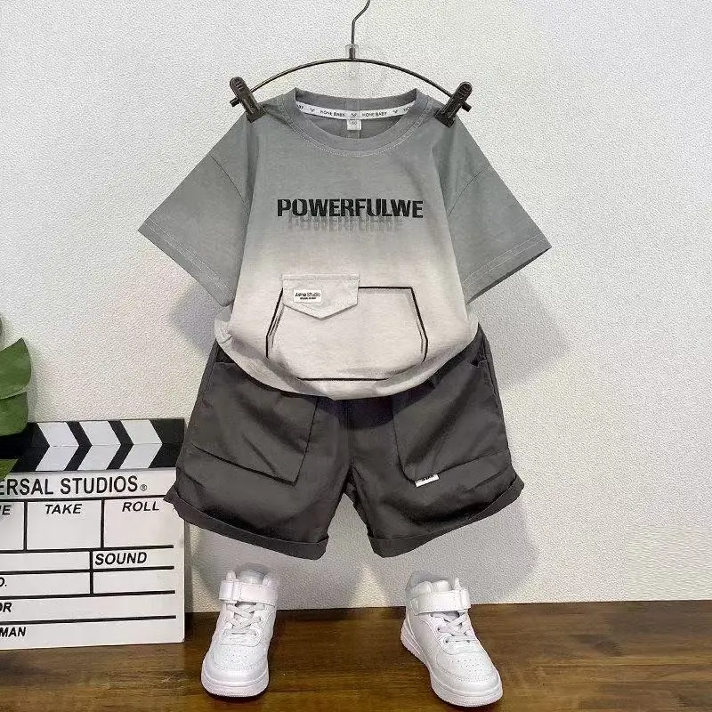 Boys Summer Boutique Clothes Gradient Color Short Sleeve Pullover T-Shirt+Pocket Shorts 2pcs Kids Korean Sport Casual Outfits