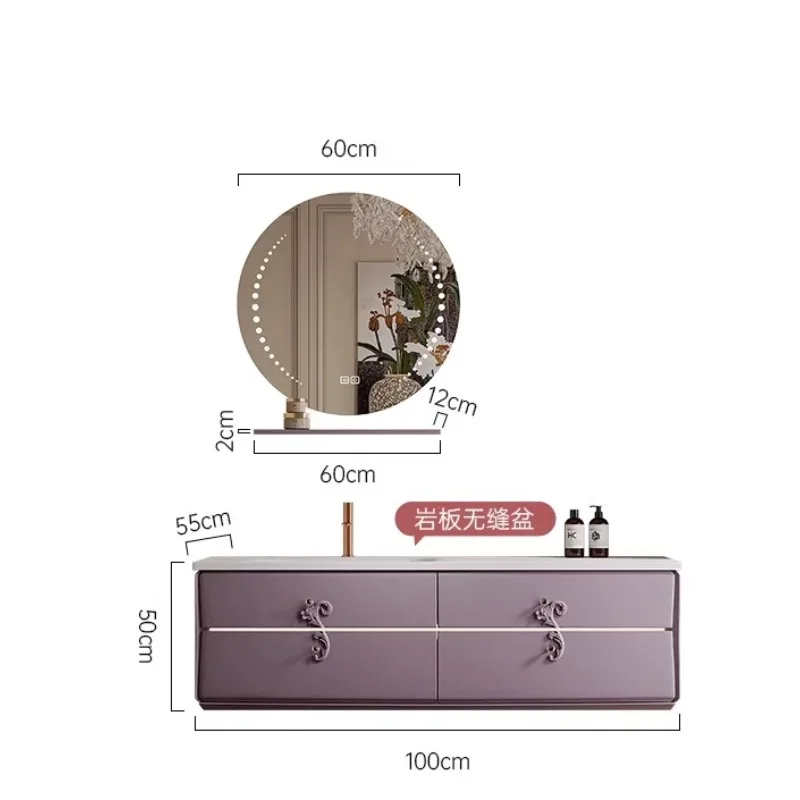 Snow Mountain Flying Fox Rock Slate Seamless Ceramic Basin French Rubber Wood Lilac Purple Bathroom Cabinet Customization