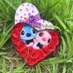 Disney dos desenhos animados lilo stitch boneca de pelúcia brinquedos rosa buquê caixa de presente ponto buquê de flores decoração para casa namorados presentes de natal