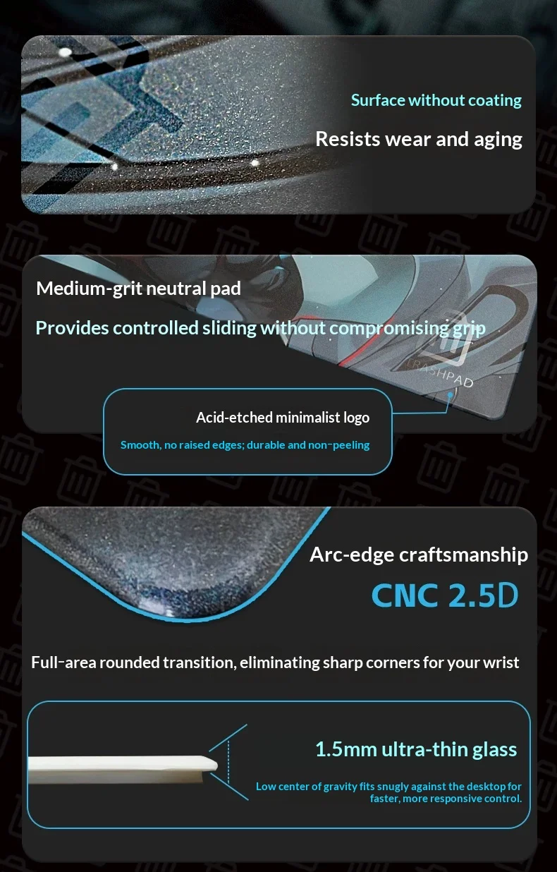 TRASHPAD Tempered Glass Gaming Mouse Pad 490x420mm 1.5mm Micro Etched, Coating-Free Medium Grain Surface for Long TTK FPS Games
