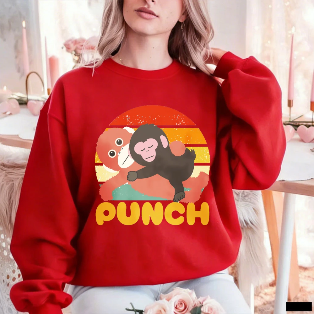 

Ретро-свитшот с мультяшной обезьянкой, обнимающей плюшевую игрушку, в стиле PUNCH: модная повседневная одежда, уютный пуловер в ностальгическом стиле для любителей ретро.