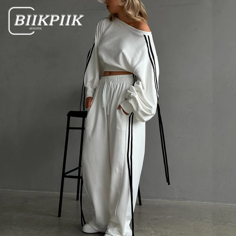 

BIIKPIIK Contrast-color Hoodie Sets Sporty Casual Two Piece Suits For Women Striped Patchwork Loose Fit Pants Sets Autumn Winter