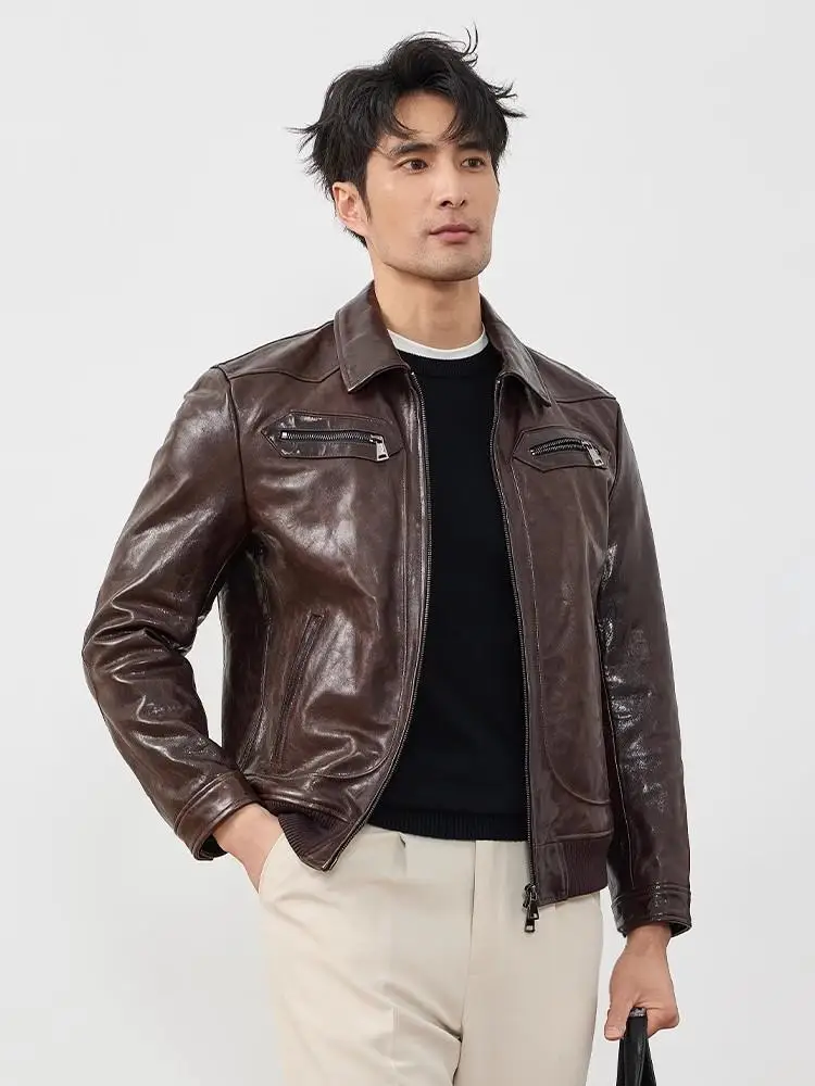 Italian Designer Mens Business Work Real Goatskin Slim Fit Vintage Jacket Short Style Motorcycle Biker Genuine Leather Jacket