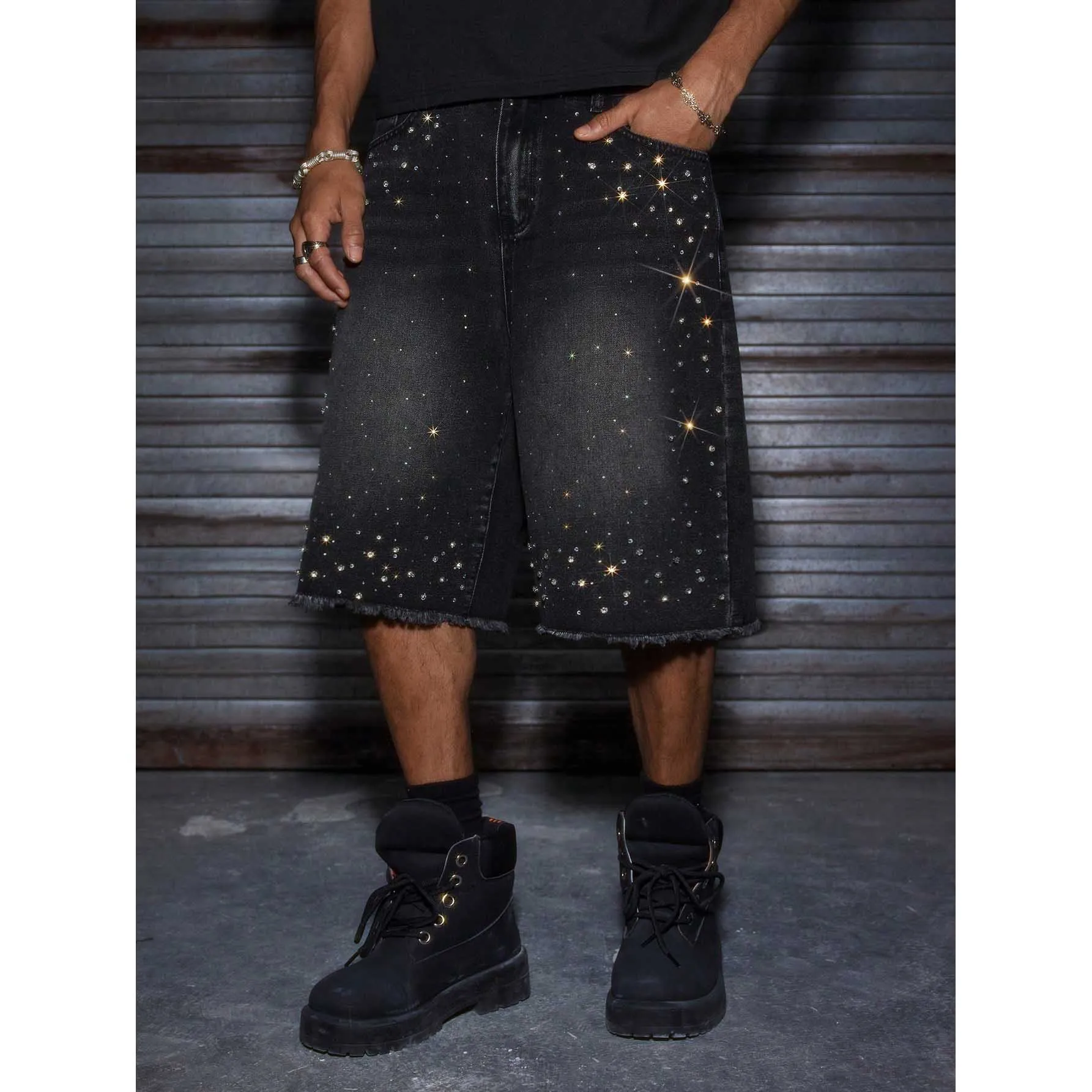 

Summer Men's Non Stretch Denim Shorts Hot Drilling Edge
