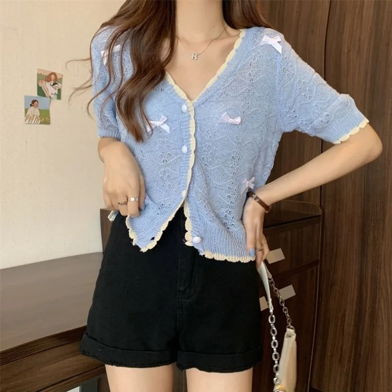 2024 Summer New Sweet Women Knitted V-neck T-shirt French Retro Versatile Breathable Short-sleeved Bow Hollow Out Crop Top