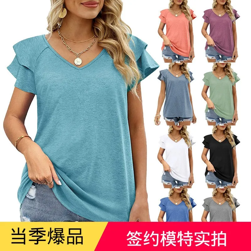Women's V Neck Ruffle Short Sleeve Loose Fit Cotton Solid Color Blouse Petal Sleeve Mid Length Women's T-shirts And Polos
