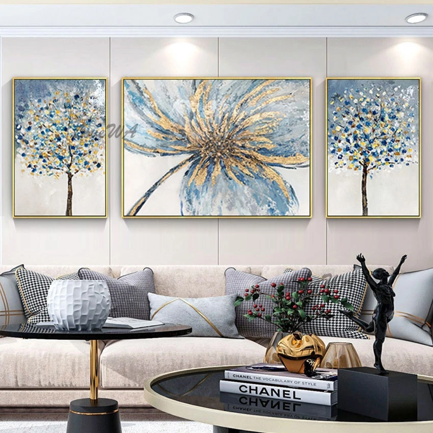 

No Framed Modern 3 Panel Canvas Wall Art Gold Foil Abstract Painting Tree and Flowers Home Decoration Artwork Hanging Picture