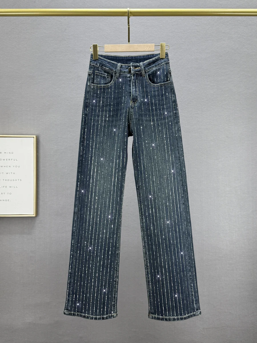 

Женские джинсы Heavy Du с блестящими стразами, модные, с высокой талией, свободного кроя, прямые, удлиненные, осенняя коллекция