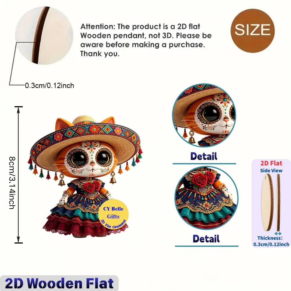 2D Flache Holz-Süßigkeiten-Totenkopf-Hängeornamente für Halloween, Tag der Toten, Weihnachten, Schulanfang, Zuhause, Büro, Klassenzimmer, Auto, Schlüsselanhänger – Detail 3