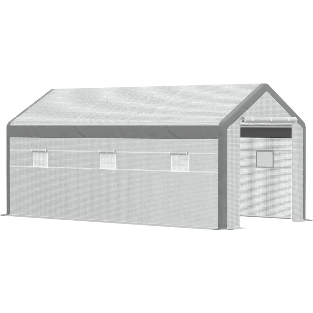 20' x 10' x 9' Walk-in Greenhouse, Outdoor Garden Warm Hot House with 6 Roll-up Windows, 2 Zippered Doors and Weather Cover