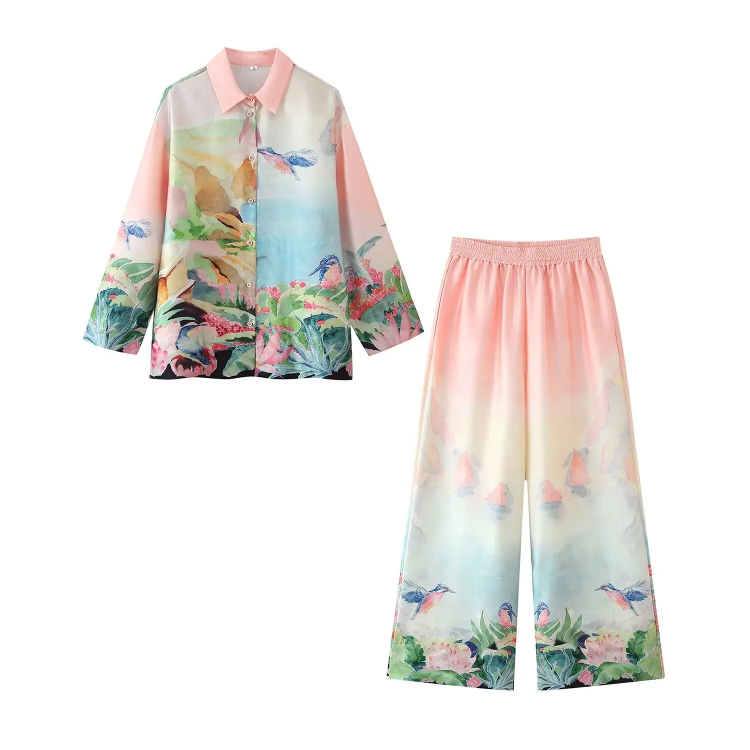 Autumn Fashion Silhouette Twill Shirt And Pants Set Long Sleeve Blouse Pleated Waist Printed Long Straight Wide Leg Pant