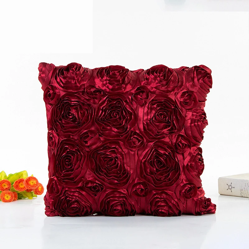 40*40CM  Fancy Wedding Gift Cushion Cover Hugging Pillow Cover 3D Rose Flower Hotel Soft Red Cushion Cover