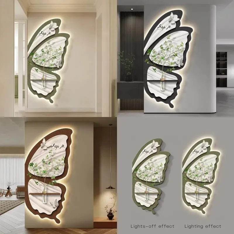 Art Style Butterfly Hydroponic Green Plant Decorative Painting LED Light Emitting Sandstone Wall Art for Corridor Background