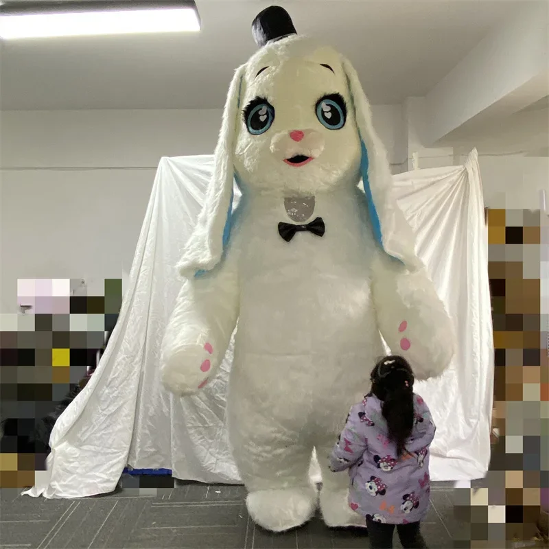 Inflatable Long Ears Plush Rabbit Walking Mascot Suit Costume Blow Up Halloween Party Cosplay Bunny Fancy Dress