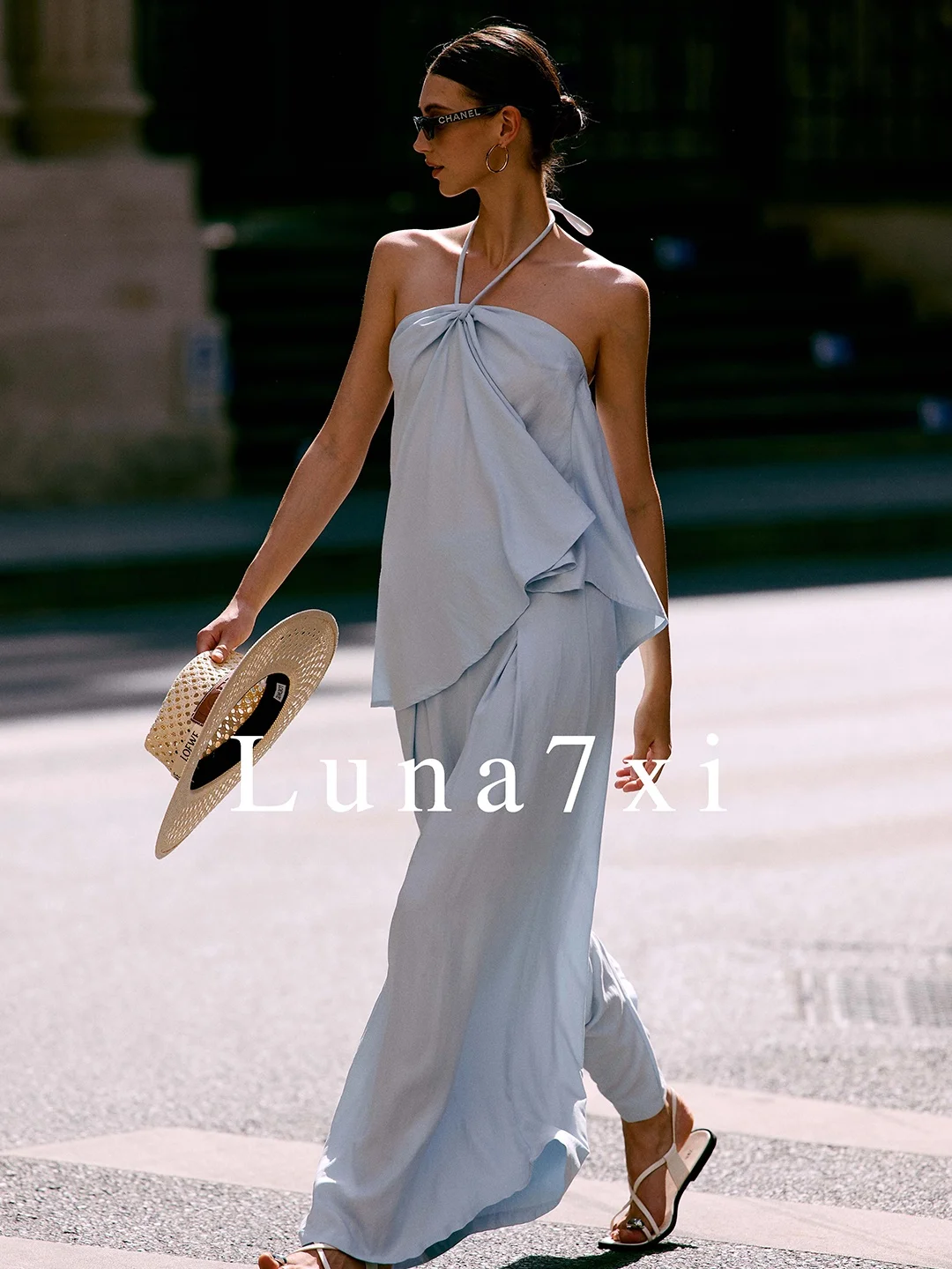 

Luna7xi Blue Two-Piece Set Women Summer Asymmetrical Neckline Loose Wide Leg Pants Fashionable Commute Style Polyester Button...