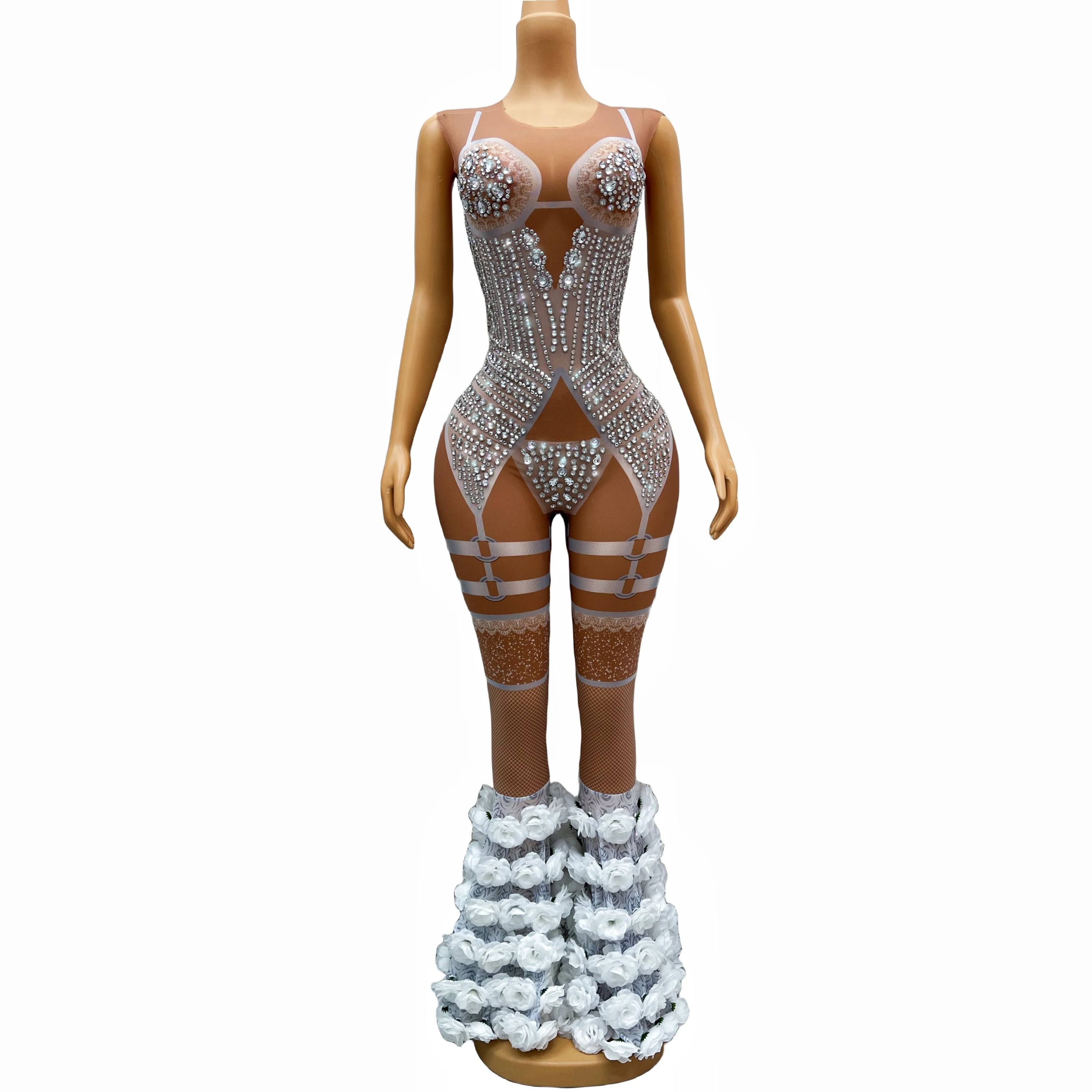 

Evening Celebrate luxurious White Rose Flowers Rhinestones Jumpsuit Brown Mesh Sexy Dance Outfit Sexy Bodysuit Costume baimeigu