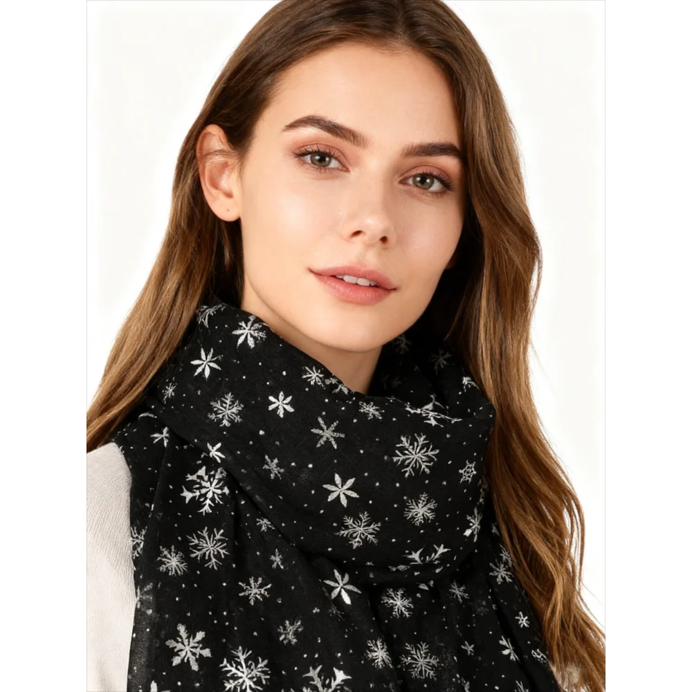 Schal im neuen Stil für Damen im Herbst und Winter, Weihnachtsgeschenk, versilberter Seidenschal mit Schneeflockenmuster, Baumwollschal