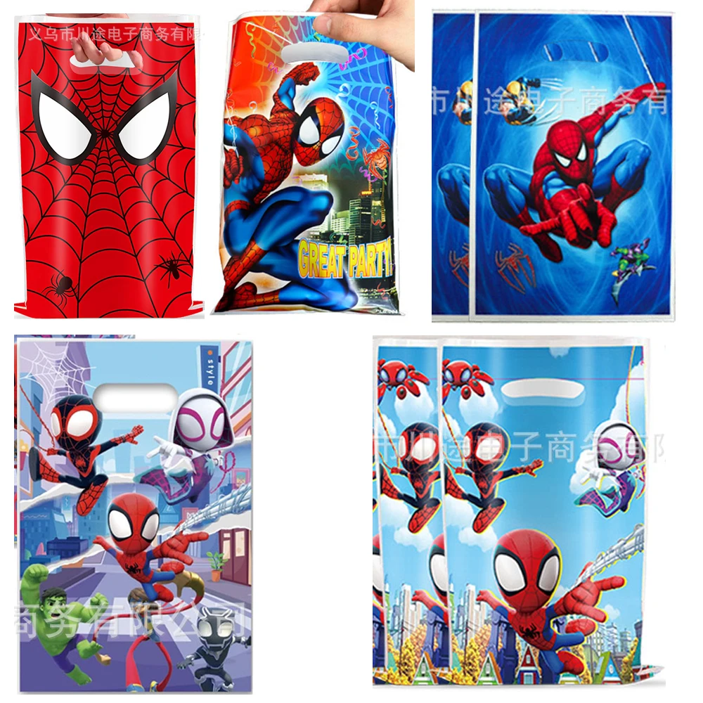 10pcs/lot SpiderMan Theme Birthday Party Boys Favorite Candy Portable Gift Bags Disposable Plastic Surprise Bags Gift Loot Bag